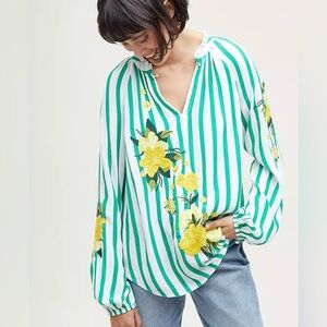 Anthropologie Akemi + Kin Manuela Blouse Green & White Striped XL